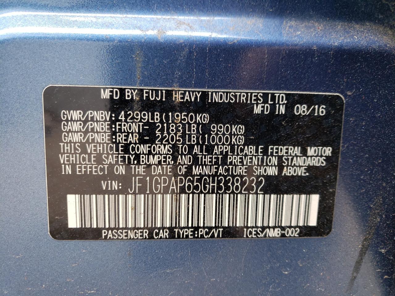 Photo 10 from auction – 2016 SUBARU IMPREZA SP with VIN JF1GPAP65GH338232