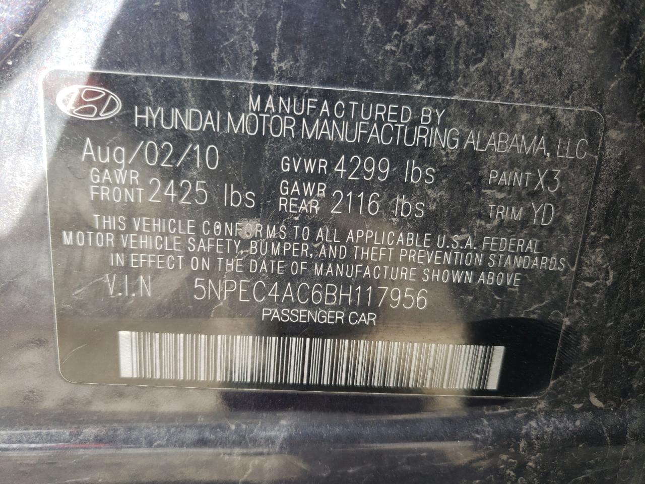 Photo 10 from auction – 2011 HYUNDAI SONATA SE with VIN 5NPEC4AC6BH117956
