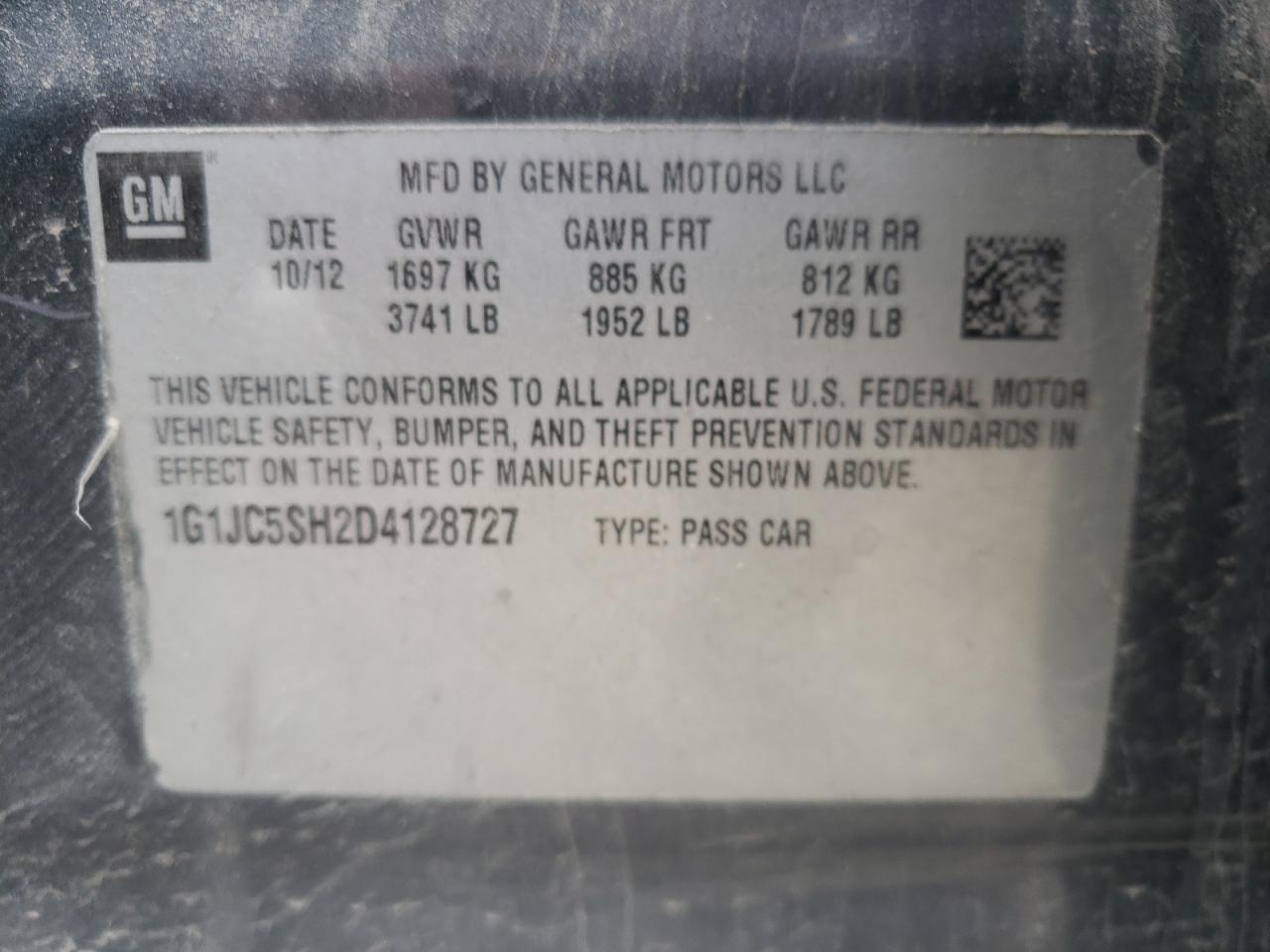 Photo 10 from auction – 2013 CHEVROLET SONIC LT with VIN 1G1JC5SH2D4128727