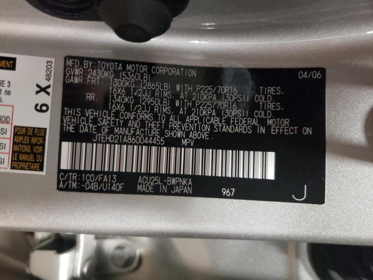 Zdjęcie 10 z aukcji – 2006 TOYOTA HIGHLANDER z VIN JTEHD21A860044455