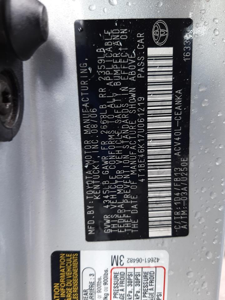 Photo 10 from auction – 2007 TOYOTA CAMRY CE with VIN 4T1BE46K17U061219