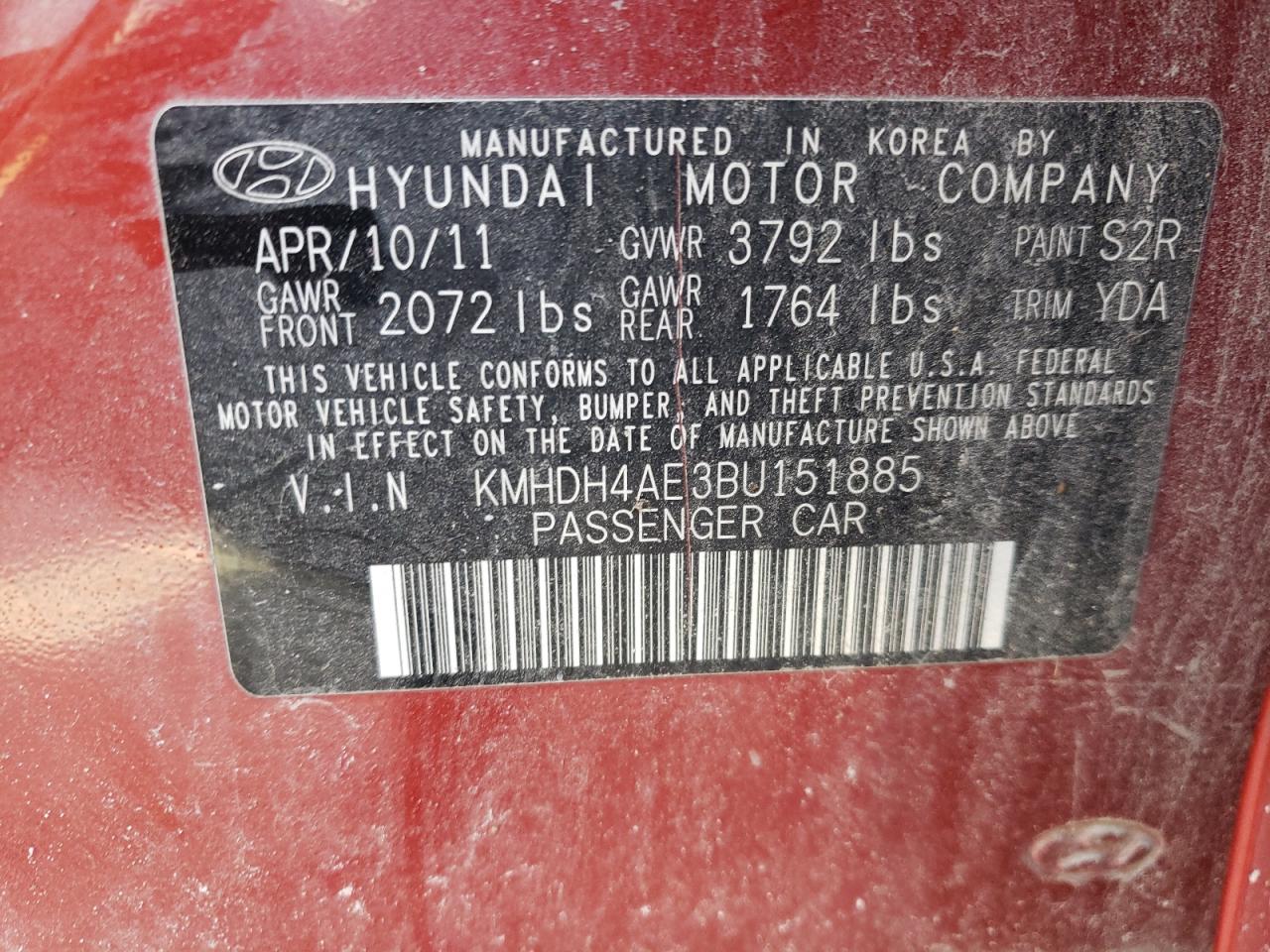 Photo 10 from auction – 2011 HYUNDAI ELANTRA GL with VIN KMHDH4AE3BU151885