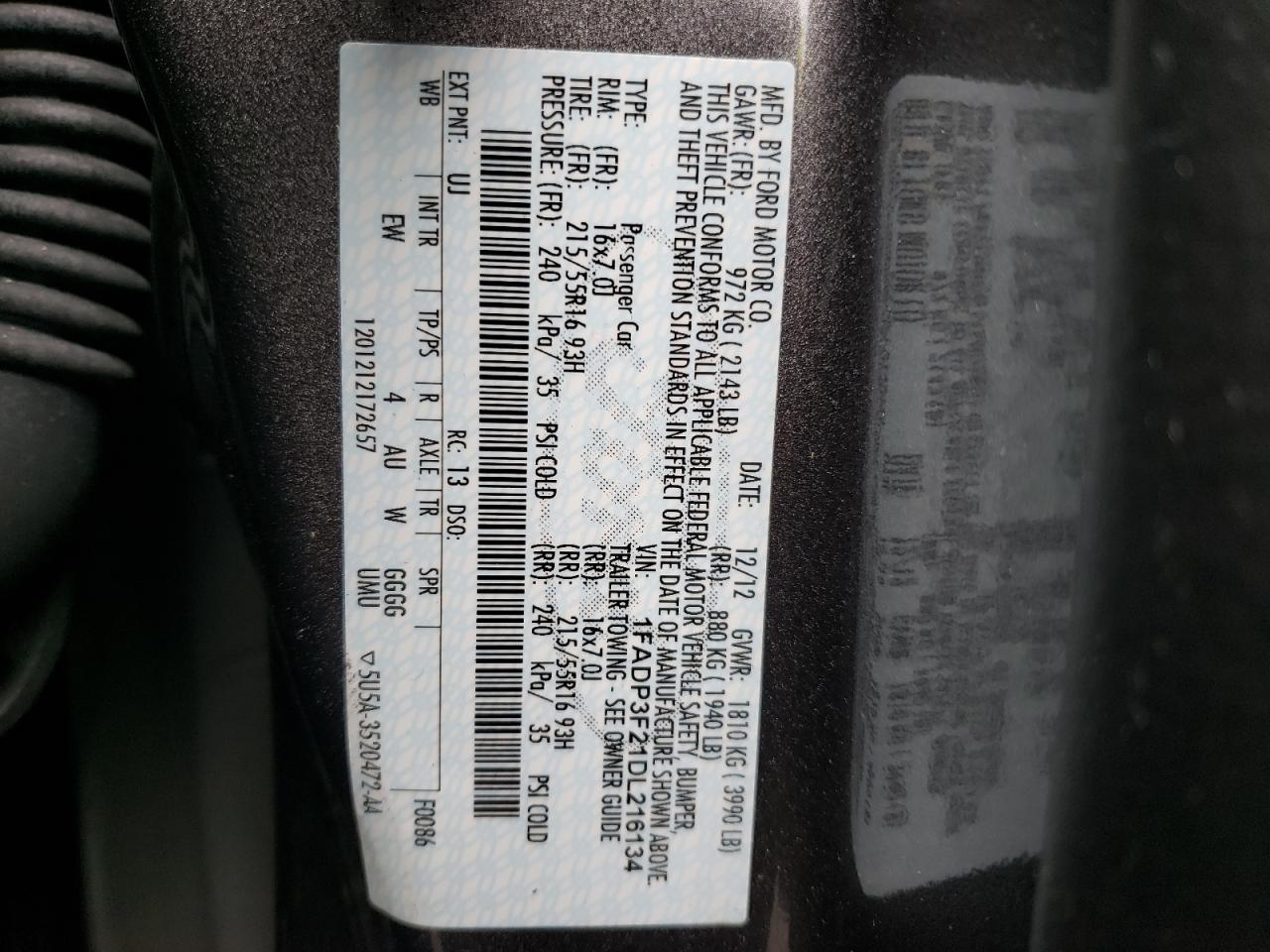 Photo 10 from auction – 2013 FORD FOCUS SE with VIN 1FADP3F21DL216134