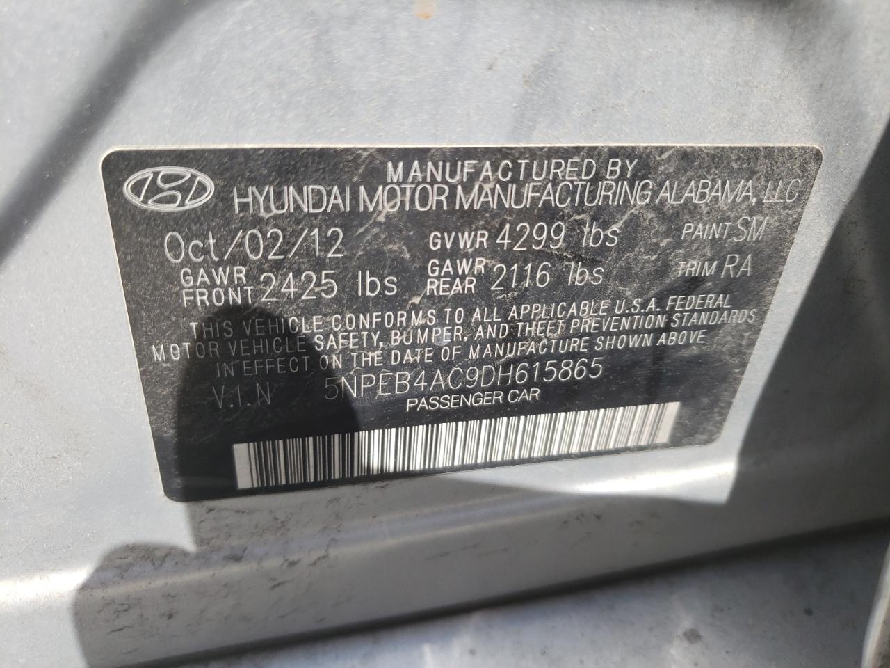 Photo 10 from auction – 2013 HYUNDAI SONATA GLS with VIN 5NPEB4AC9DH615865