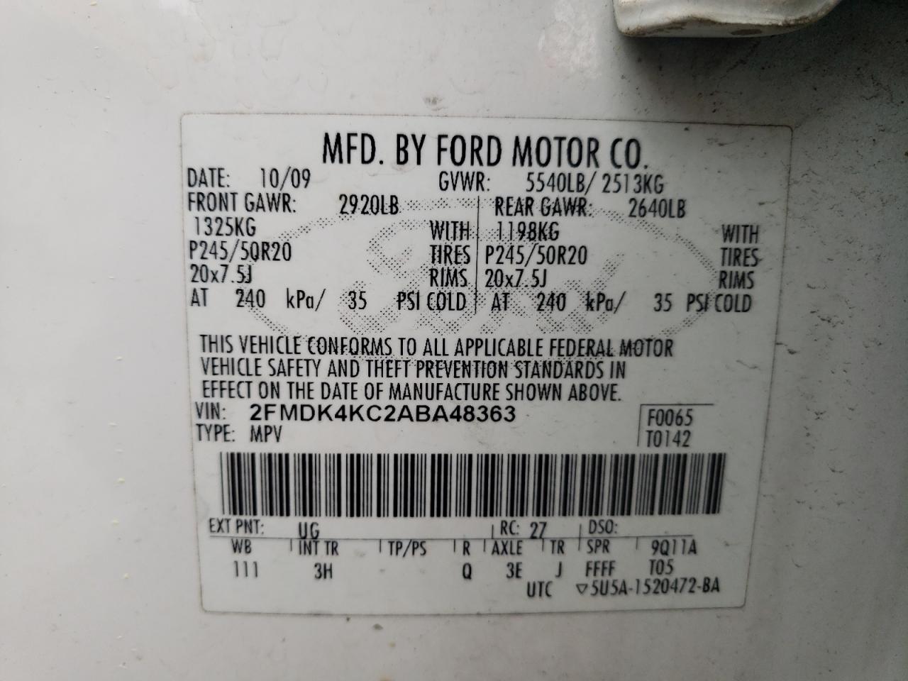 Photo 10 from auction – 2010 FORD EDGE LIMIT with VIN 2FMDK4KC2ABA48363