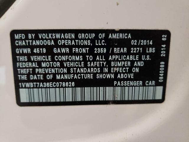 Photo 10 from auction – 2014 VOLKSWAGEN PASSAT SE with VIN 1VWBT7A36EC078626
