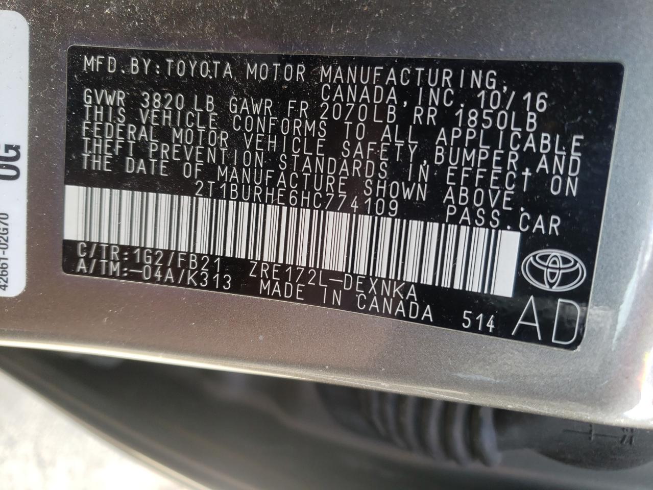 Photo 10 from auction – 2017 TOYOTA COROLLA L with VIN 2T1BURHE6HC774109
