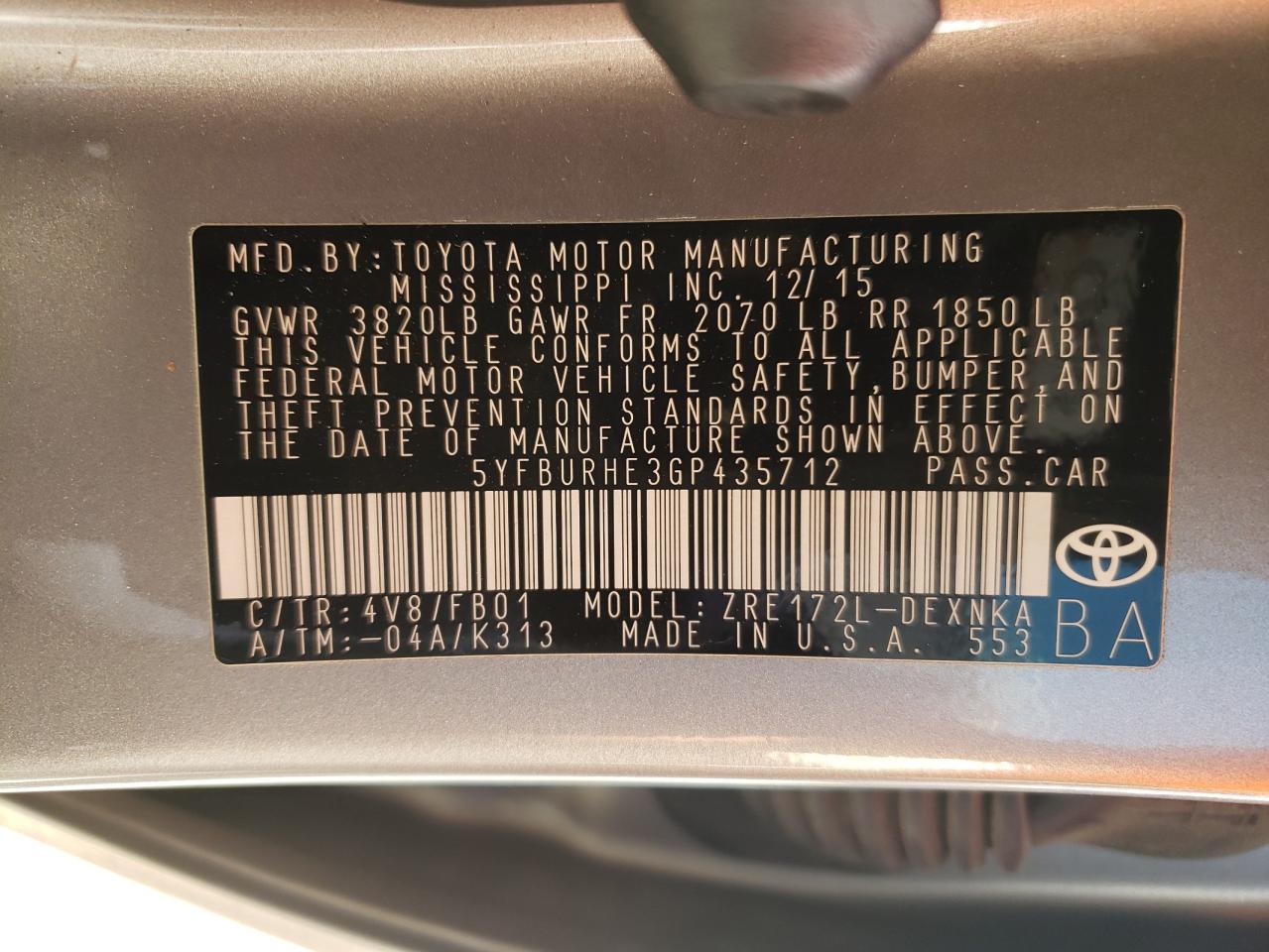 Photo 10 from auction – 2016 TOYOTA COROLLA L with VIN 5YFBURHE3GP435712