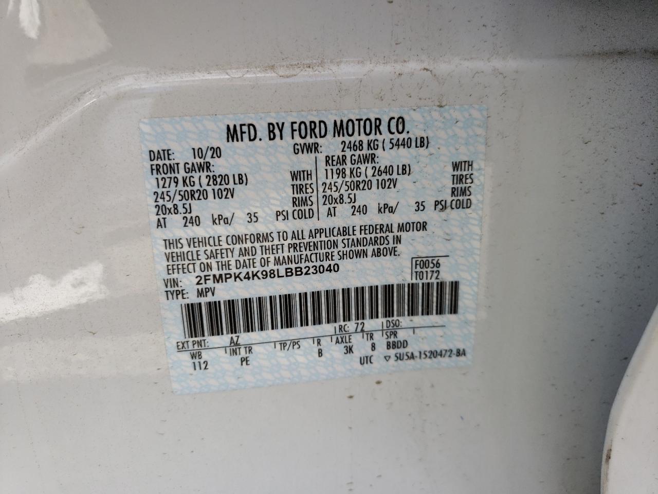 Photo 10 from auction – 2020 FORD EDGE TITAN with VIN 2FMPK4K98LBB23040