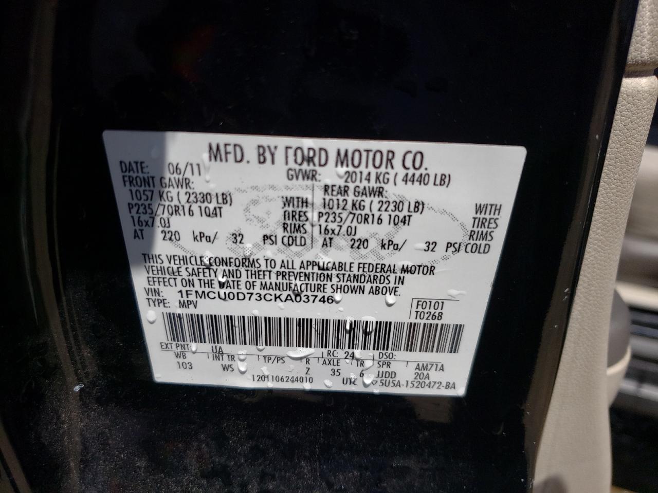 Photo 10 from auction – 2012 FORD ESCAPE XLT with VIN 1FMCU0D73CKA03746