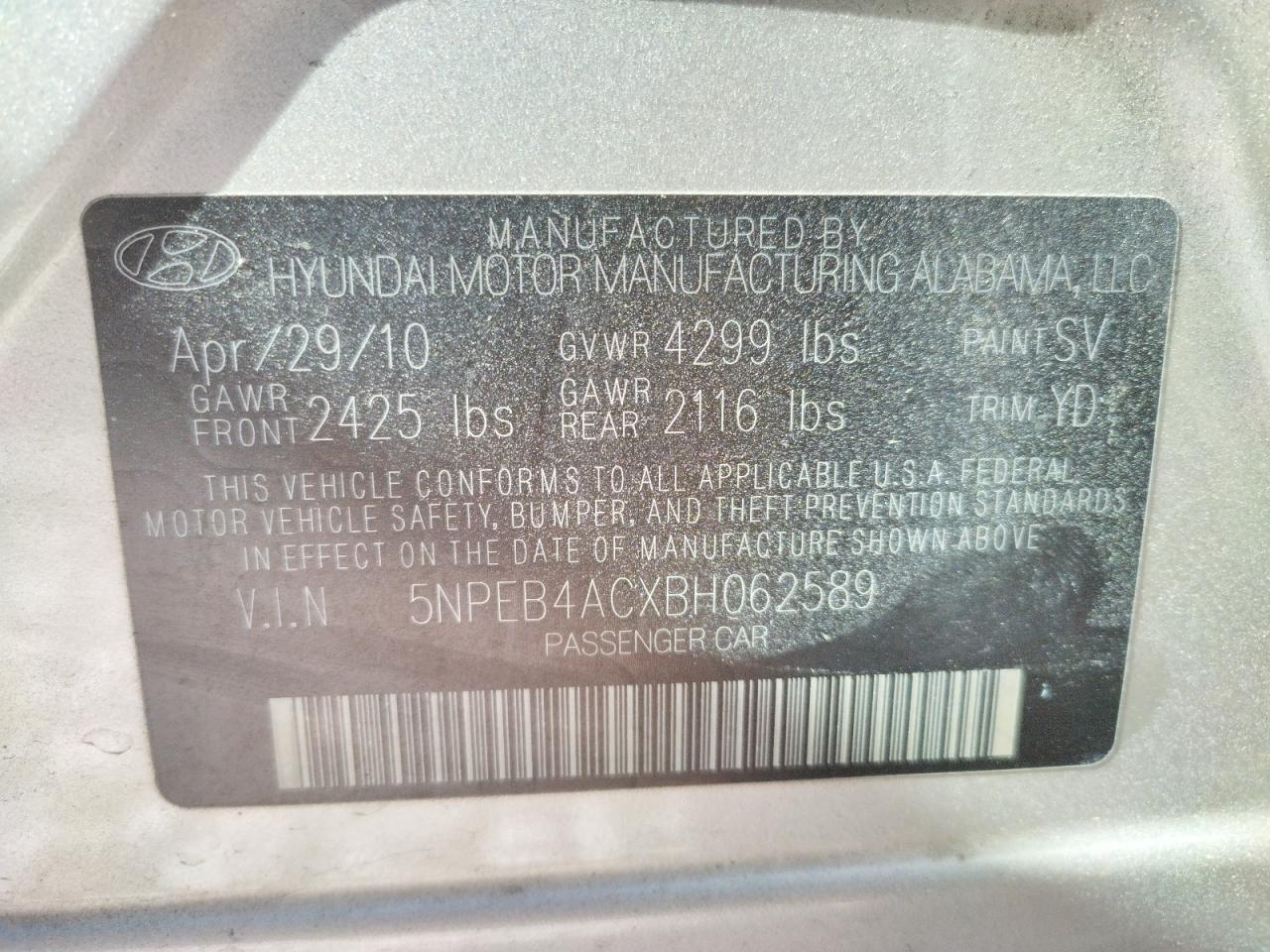 Photo 10 from auction – 2011 HYUNDAI SONATA GLS with VIN 5NPEB4ACXBH062589