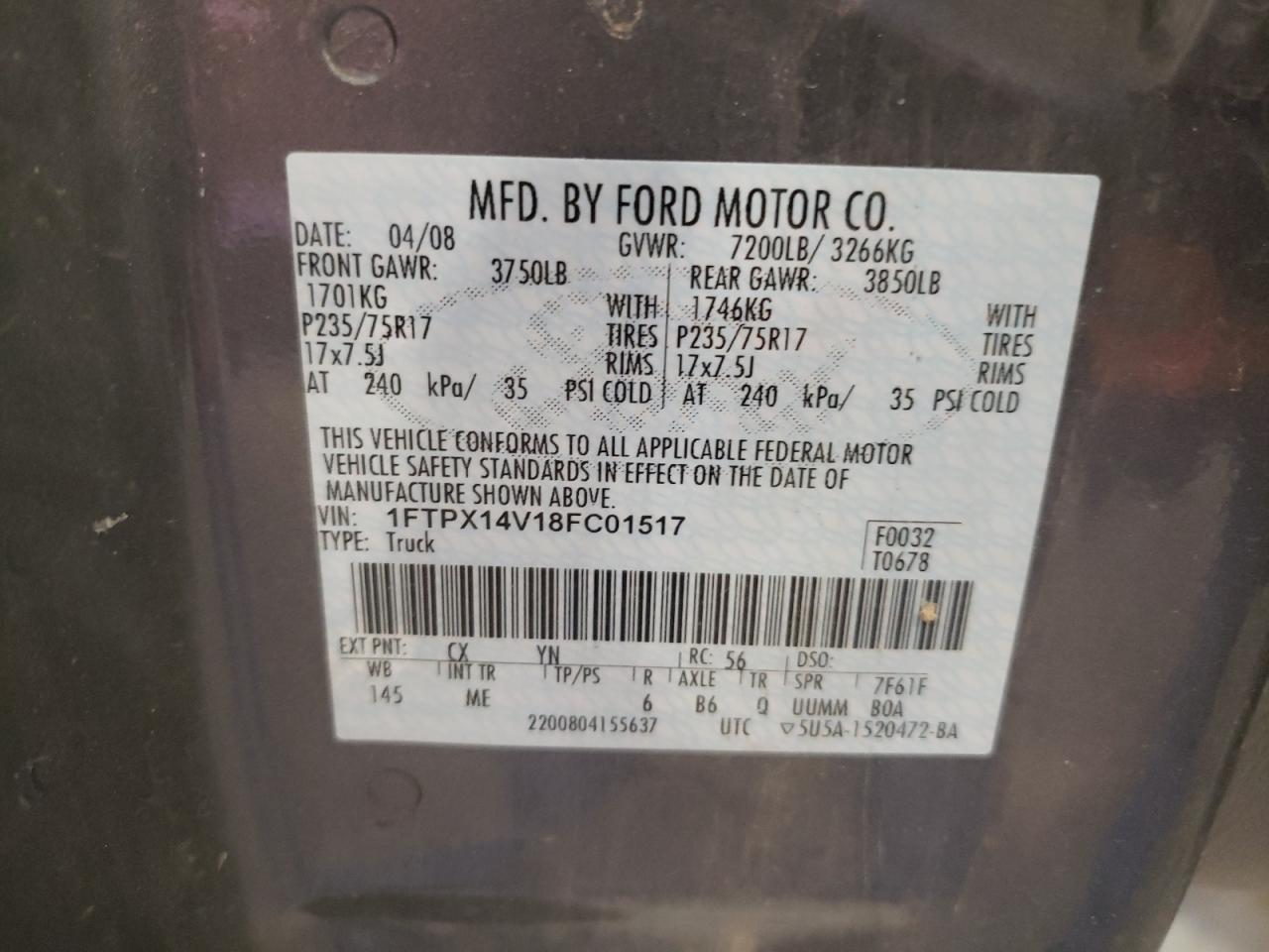 Photo 10 from auction – 2008 FORD F150 with VIN 1FTPX14V18FC01517