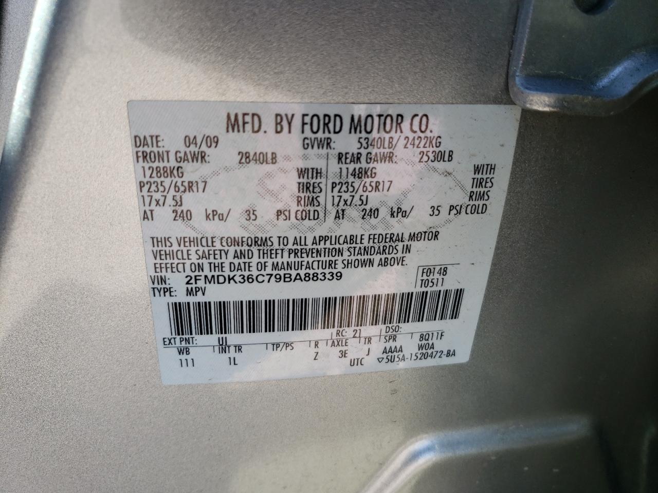 Photo 10 from auction – 2009 FORD EDGE SE with VIN 2FMDK36C79BA88339
