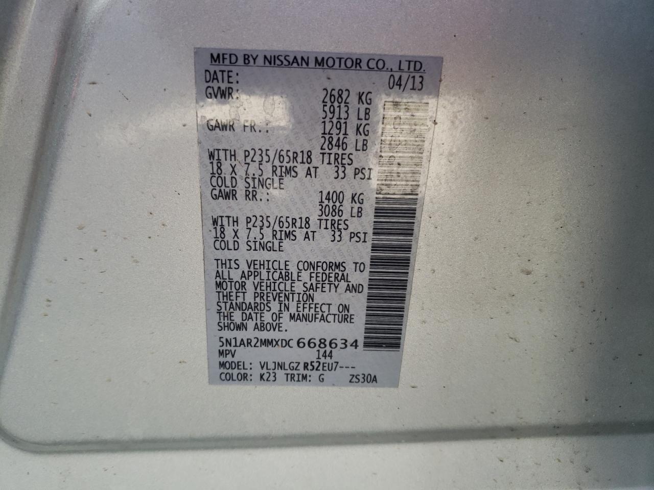 Photo 10 from auction – 2013 NISSAN PATHFINDER with VIN 5N1AR2MMXDC668634
