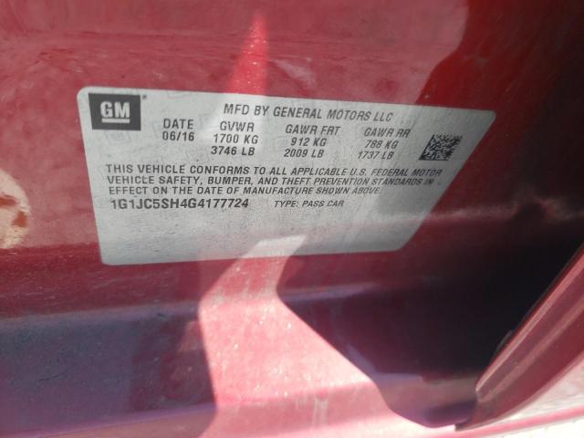 Photo 10 from auction – 2016 CHEVROLET SONIC LT with VIN 1G1JC5SH4G4177724