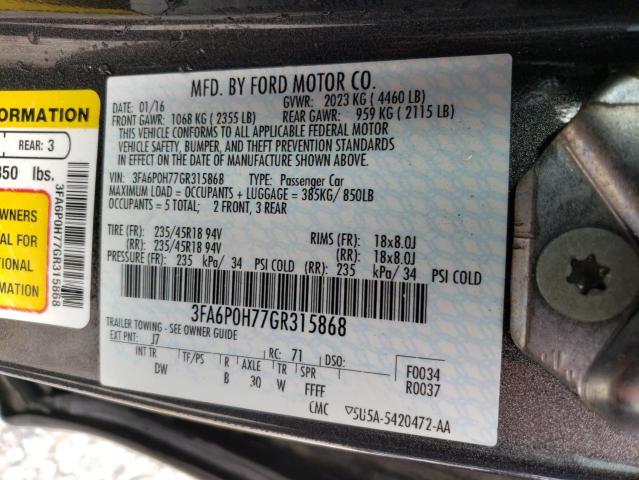 Photo 10 from auction – 2016 FORD FUSION SE with VIN 3FA6P0H77GR315868