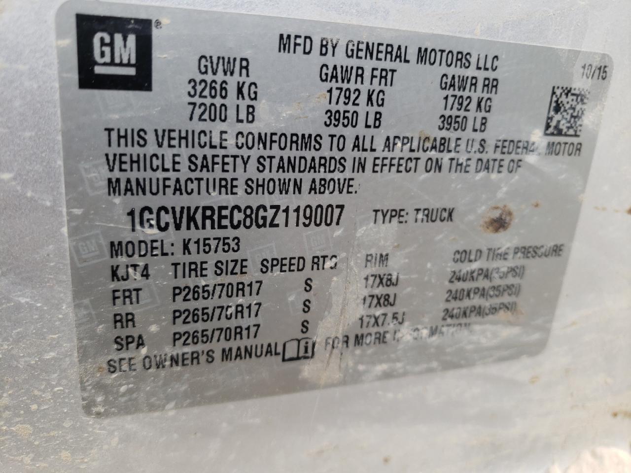 Photo 10 from auction – 2016 CHEVROLET SILVERADO with VIN 1GCVKREC8GZ119007