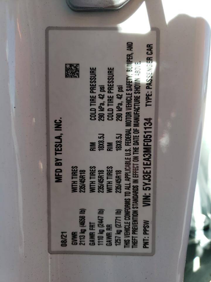 Photo 10 from auction – 2021 TESLA MODEL 3 with VIN 5YJ3E1EA3MF051134