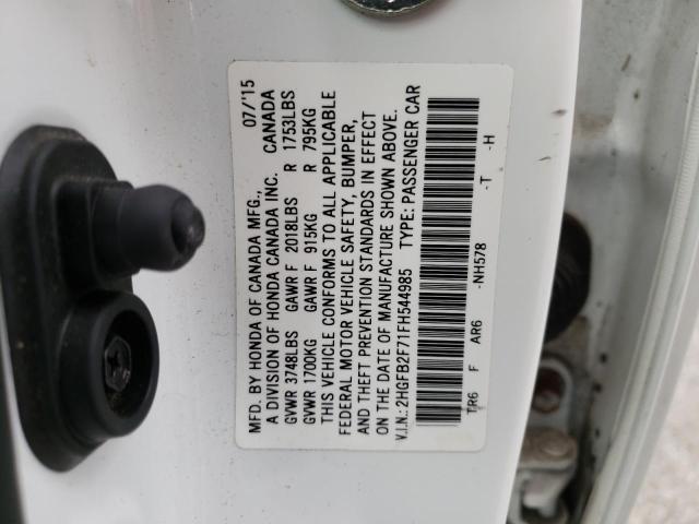Photo 10 from auction – 2015 HONDA CIVIC SE with VIN 2HGFB2F71FH544985