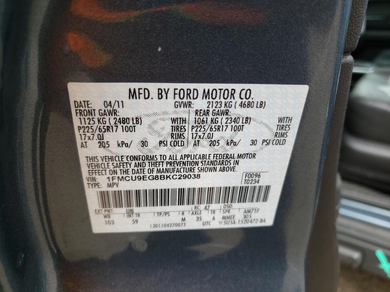 Photo 10 from auction – 2011 FORD ESCAPE LIM with VIN 1FMCU9EG8BKC29038