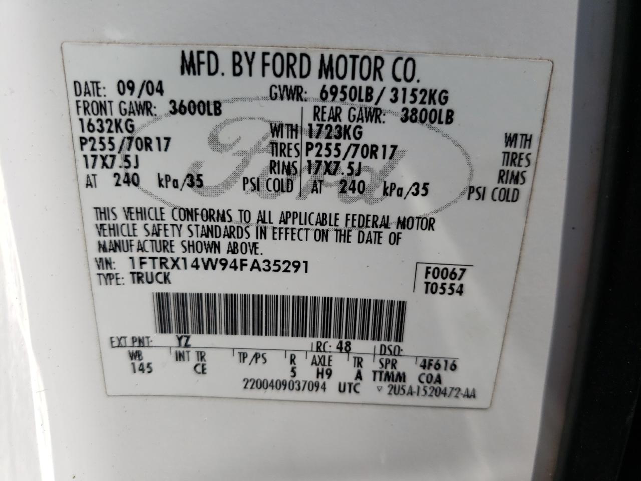 Photo 10 from auction – 2004 FORD F150 with VIN 1FTRX14W94FA35291