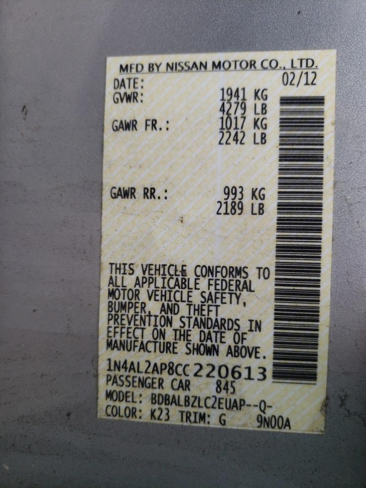 Photo 10 from auction – 2012 NISSAN ALTIMA BAS with VIN 1N4AL2AP8CC220613