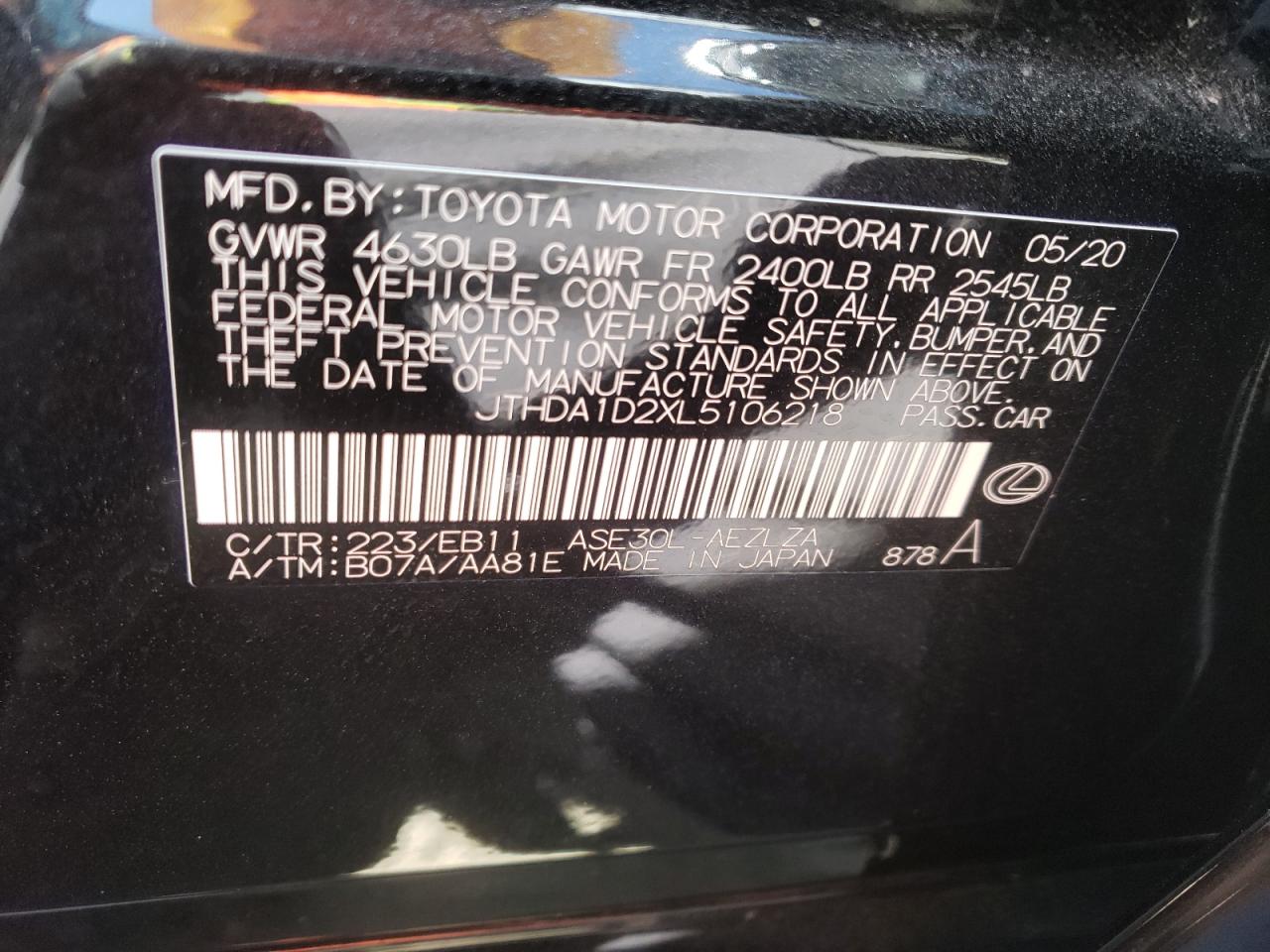 Photo 10 from auction – 2020 LEXUS IS 300 PRE with VIN JTHDA1D2XL5106218