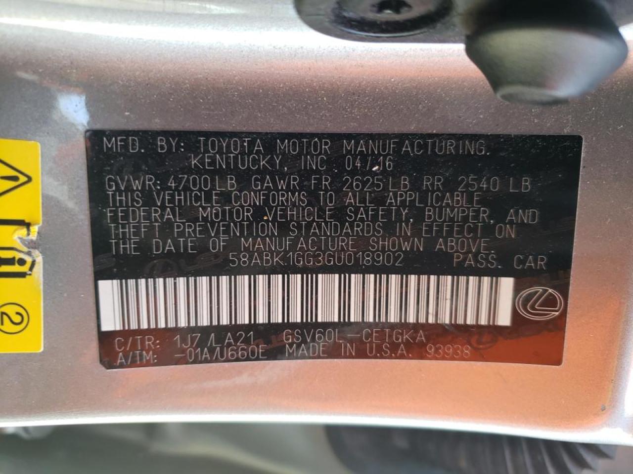 Photo 10 from auction – 2016 LEXUS ES 350 with VIN 58ABK1GG3GU018902