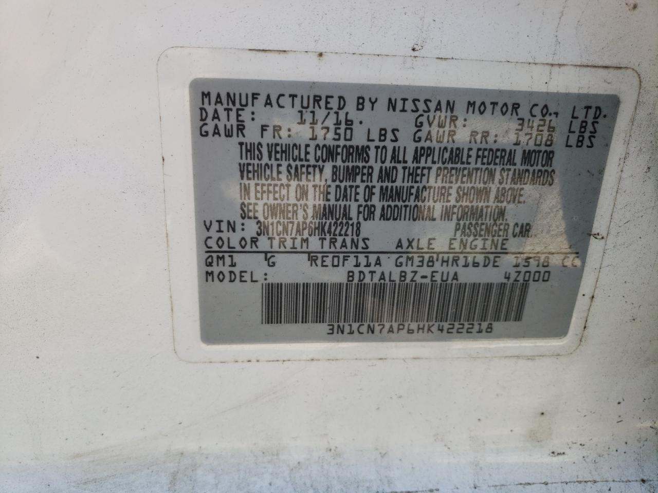 Photo 10 from auction – 2017 NISSAN VERSA S with VIN 3N1CN7AP6HK422218