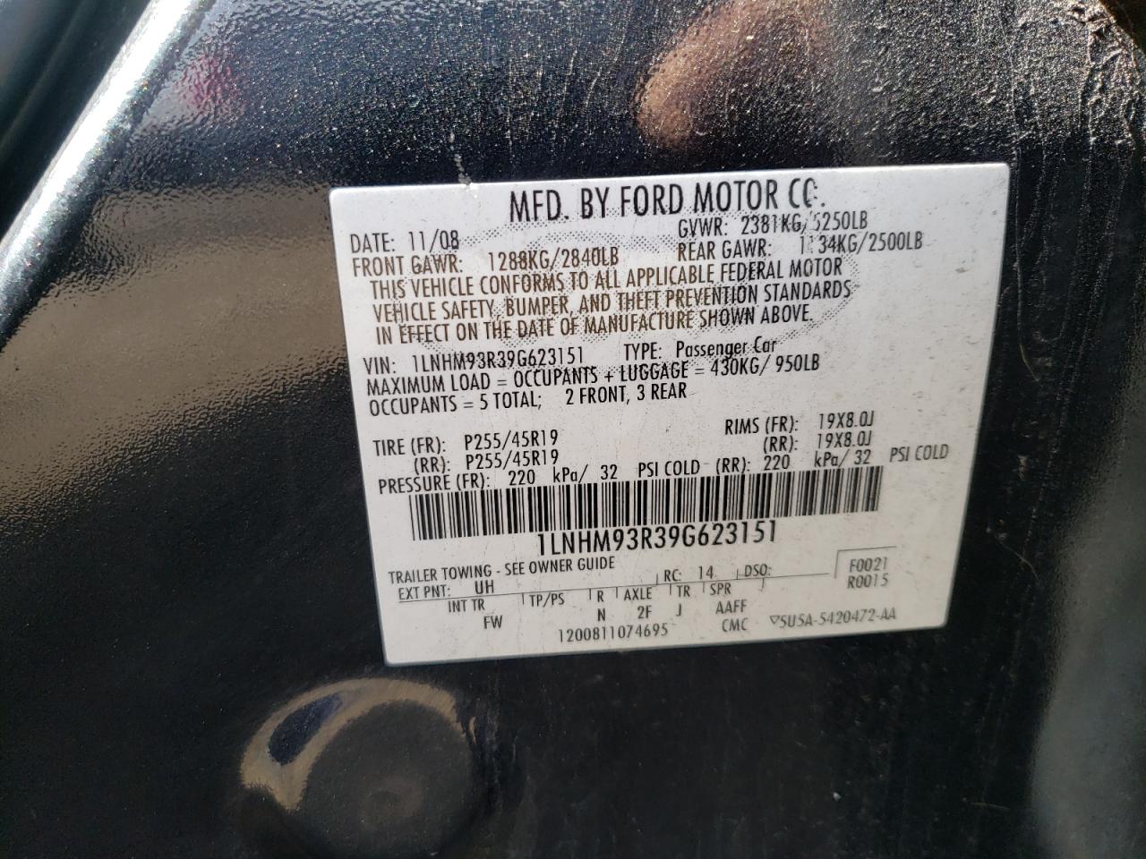 Photo 10 from auction – 2009 LINCOLN MKS with VIN 1LNHM93R39G623151