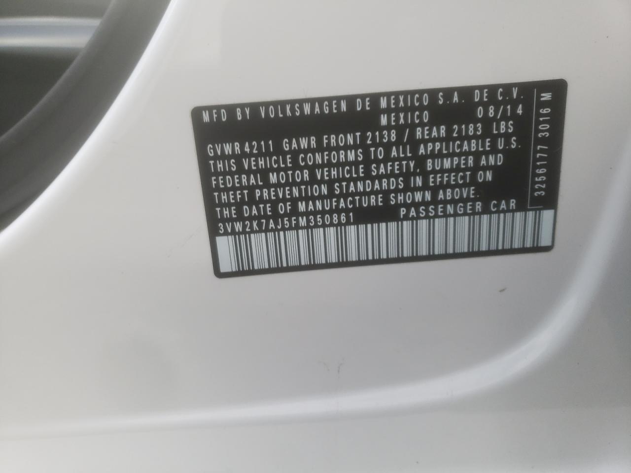 Photo 10 from auction – 2015 VOLKSWAGEN JETTA BASE with VIN 3VW2K7AJ5FM350861