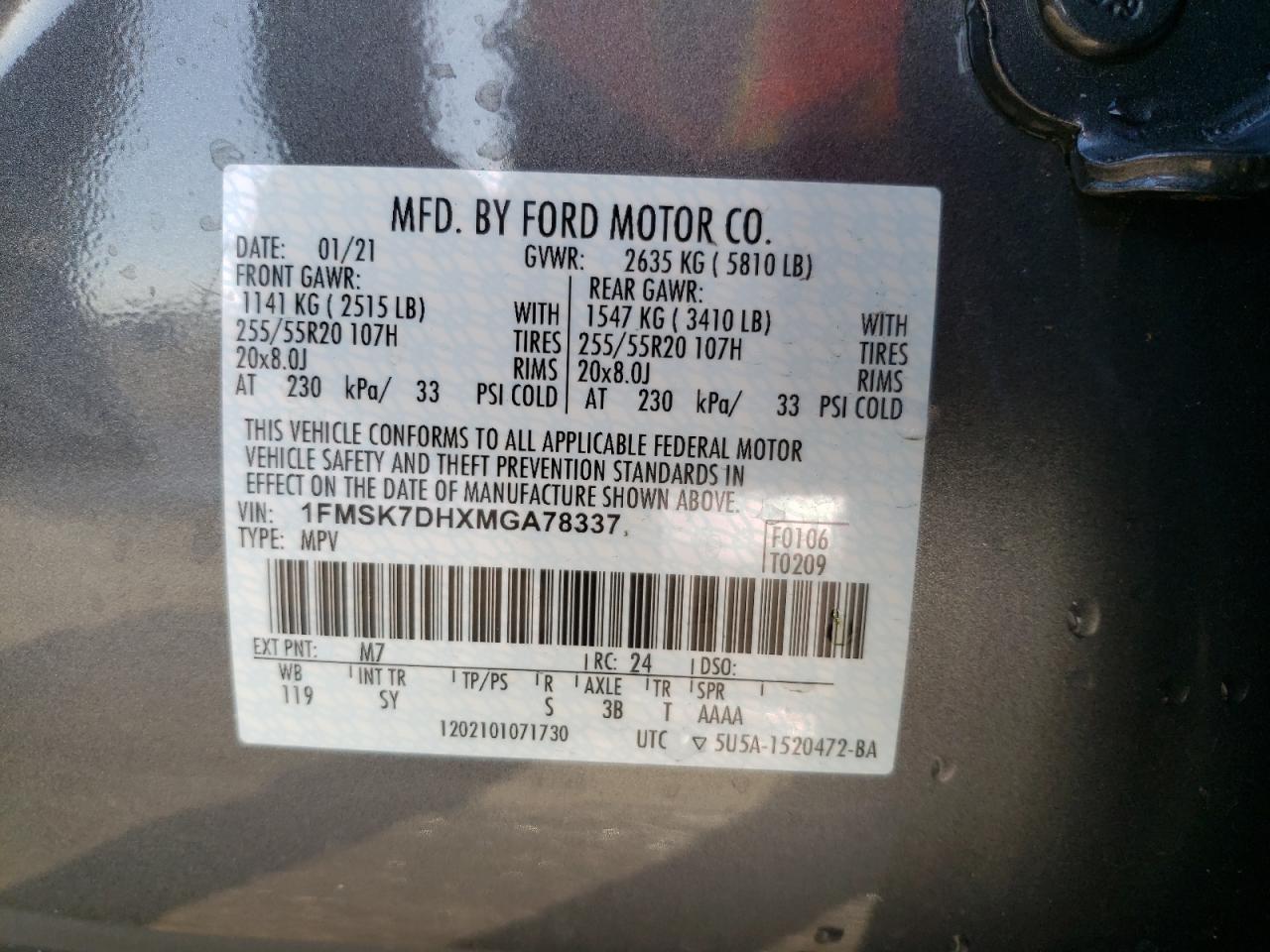 Photo 10 from auction – 2021 FORD EXPLORER X with VIN 1FMSK7DHXMGA78337