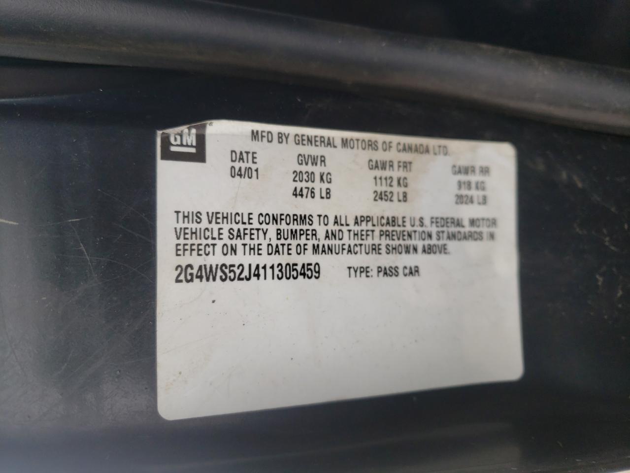 Photo 10 from auction – 2001 BUICK CENTURY with VIN 2G4WS52J411305459