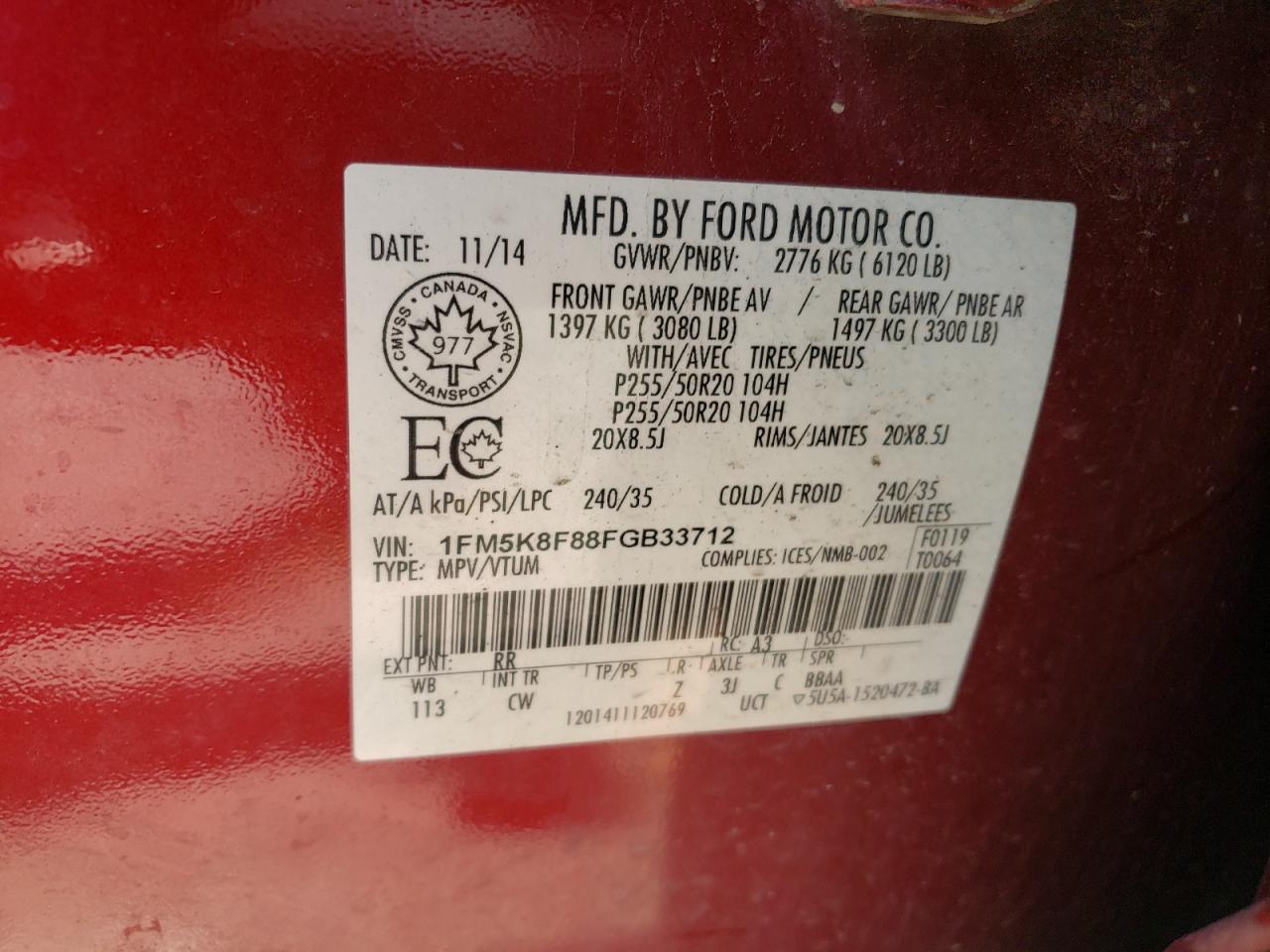Photo 10 from auction – 2015 FORD EXPLORER L with VIN 1FM5K8F88FGB33712