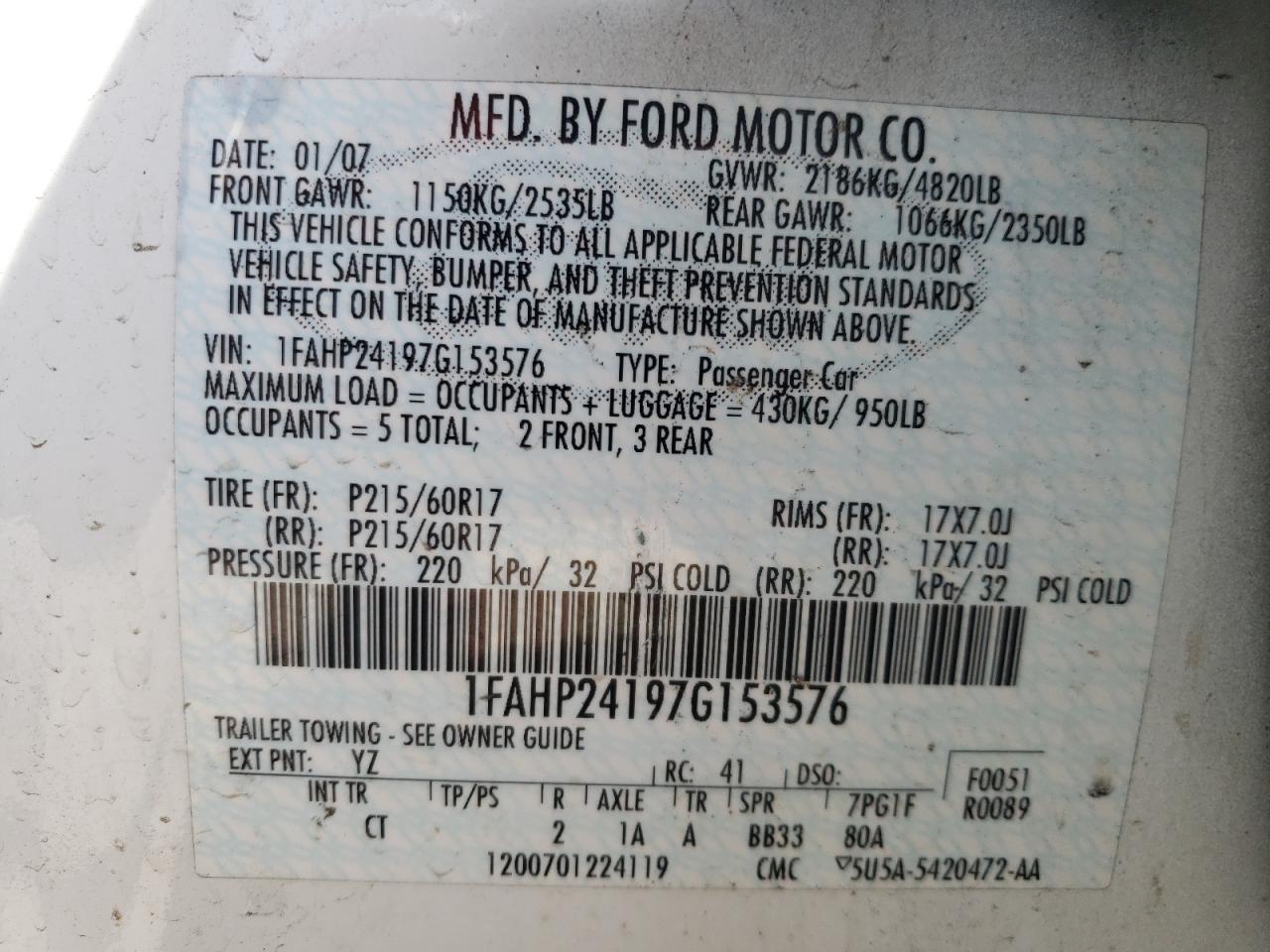 Photo 10 from auction – 2007 FORD FIVE HUNDR with VIN 1FAHP24197G153576