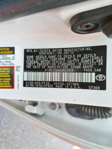 Photo 10 from auction – 2012 TOYOTA CAMRY BASE with VIN 4T1BF1FK4CU622938