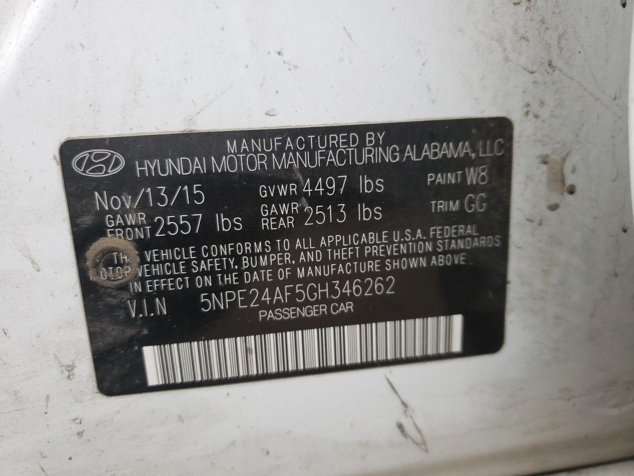 Photo 10 from auction – 2016 HYUNDAI SONATA SE with VIN 5NPE24AF5GH346262
