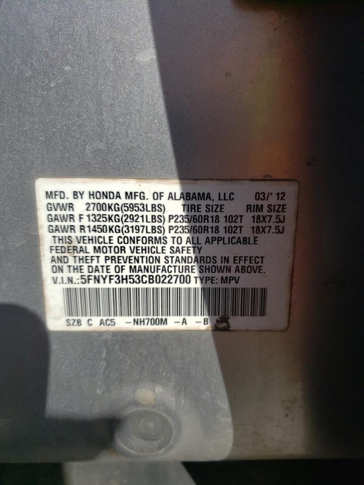Photo 10 from auction – 2012 HONDA PILOT EXL with VIN 5FNYF3H53CB022700