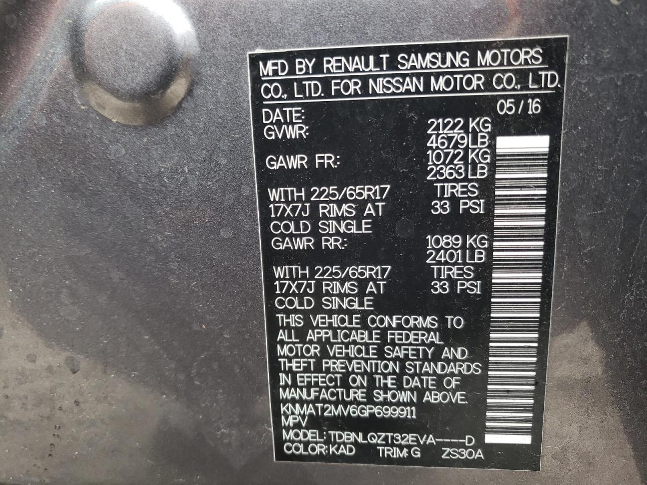 Photo 10 from auction – 2016 NISSAN ROGUE S with VIN KNMAT2MV6GP699911