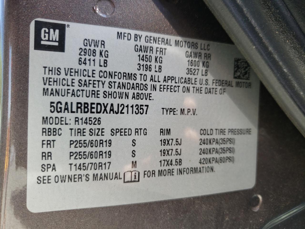 Photo 10 from auction – 2010 BUICK ENCLAVE CX with VIN 5GALRBEDXAJ211357