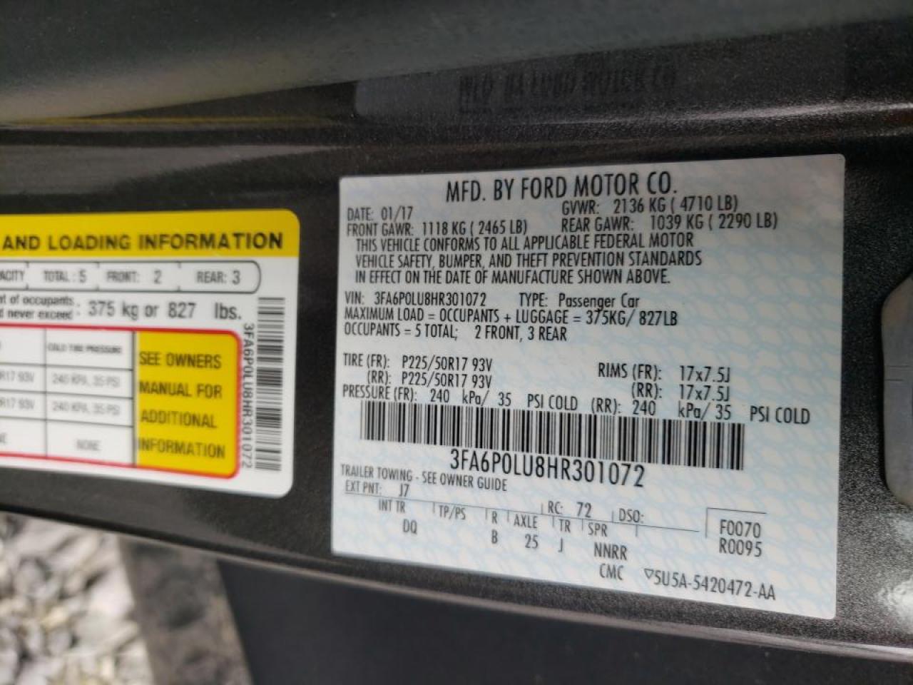 Photo 10 from auction – 2017 FORD FUSION SE with VIN 3FA6P0LU8HR301072