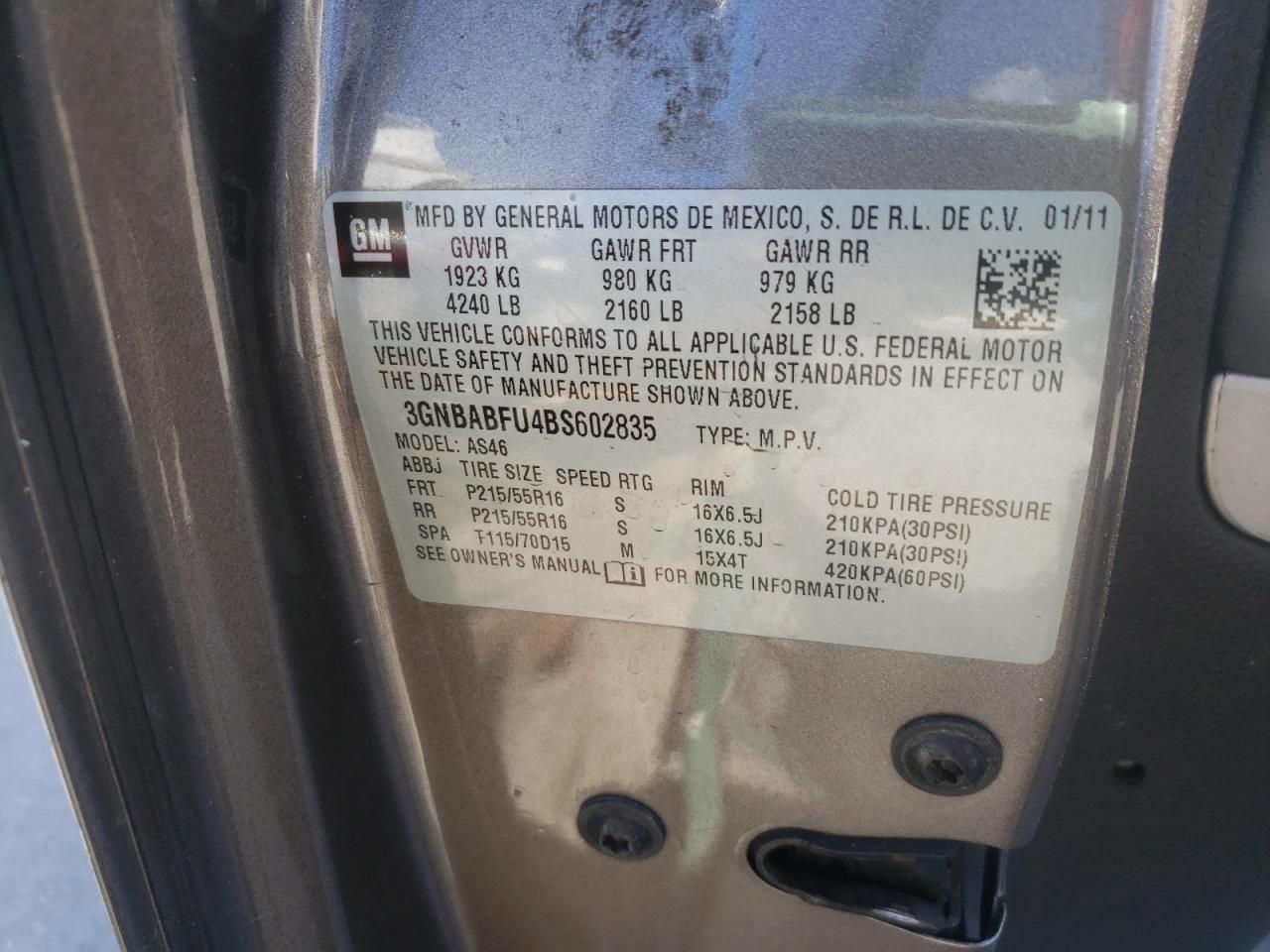 Photo 10 from auction – 2011 CHEVROLET HHR with VIN 3GNBABFU4BS602835
