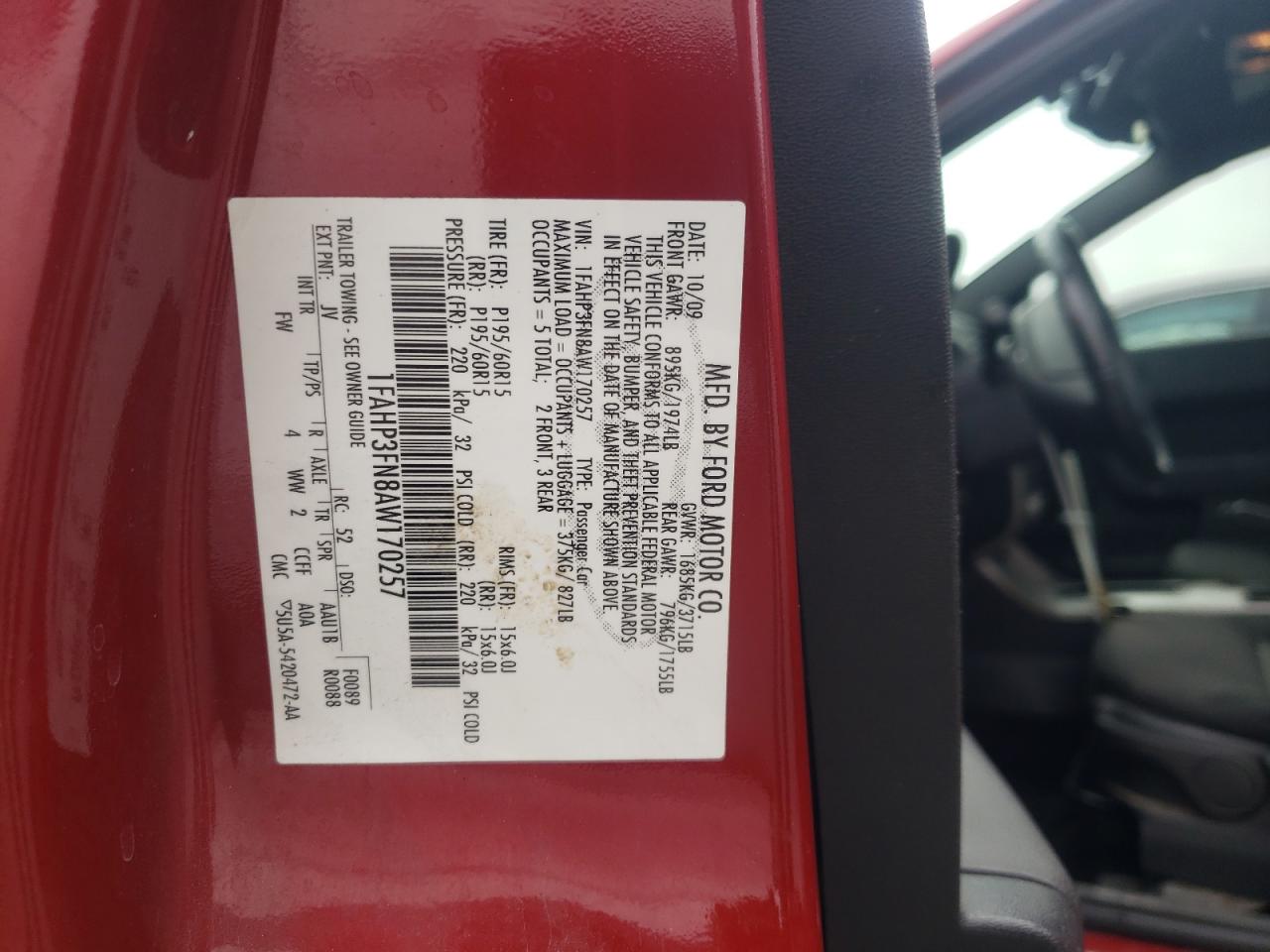 Photo 10 from auction – 2010 FORD FOCUS SE with VIN 1FAHP3FN8AW170257