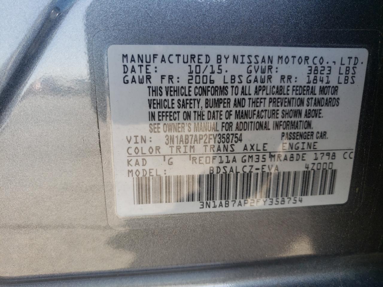 Photo 10 from auction – 2015 NISSAN SENTRA S with VIN 3N1AB7AP2FY358754