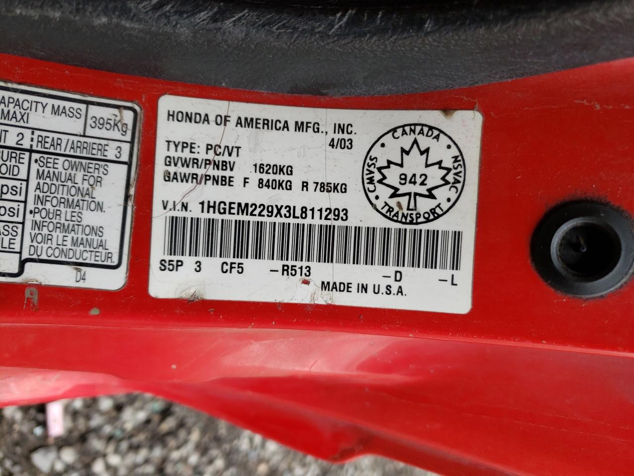 Photo 10 from auction – 2003 HONDA CIVIC EX with VIN 1HGEM229X3L811293