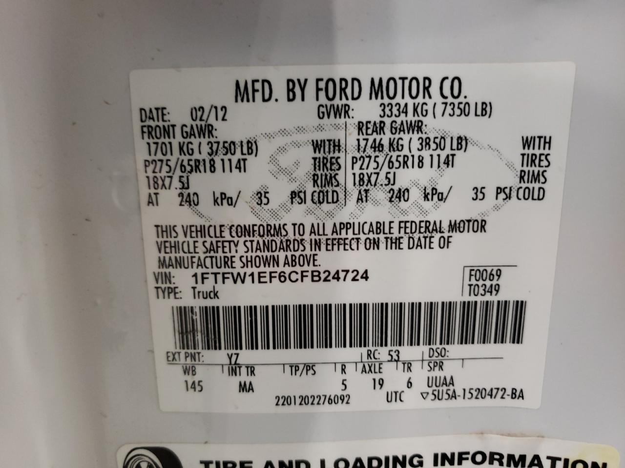 Photo 10 from auction – 2012 FORD F150 SUPER with VIN 1FTFW1EF6CFB24724