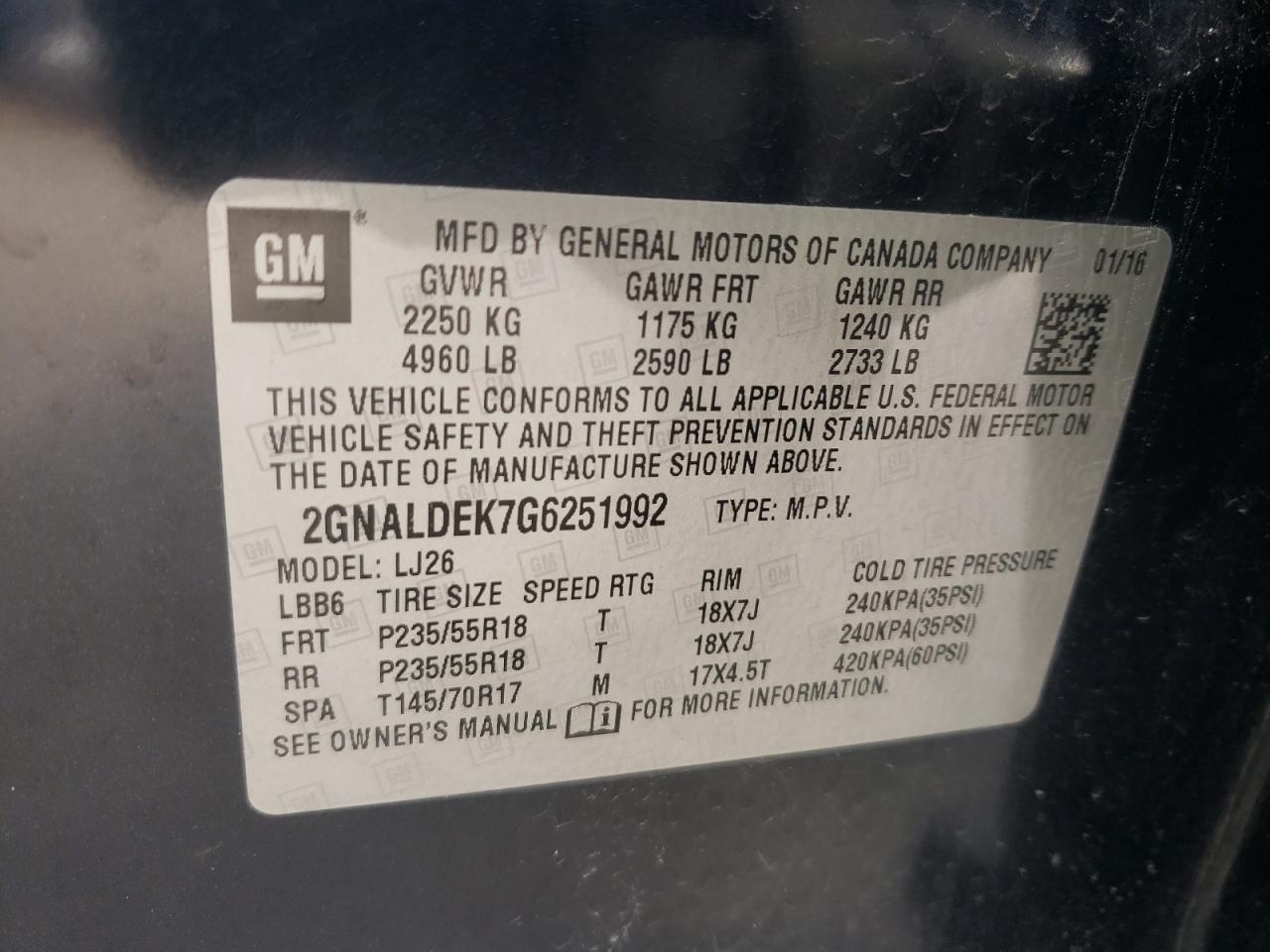 Photo 10 from auction – 2016 CHEVROLET EQUINOX LT with VIN 2GNALDEK7G6251992