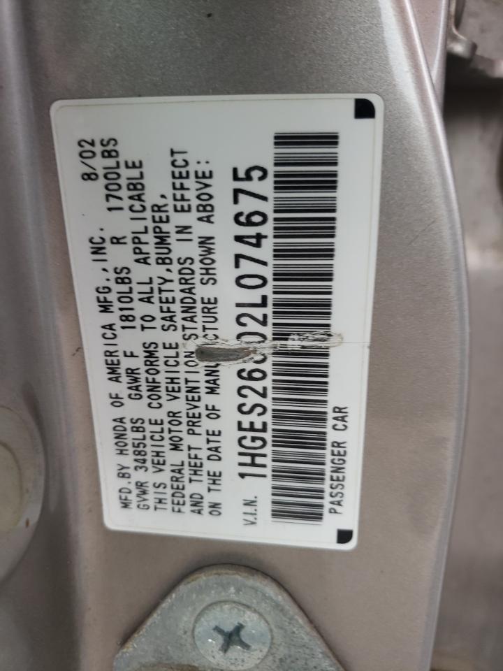 Photo 10 from auction – 2002 HONDA CIVIC EX with VIN 1HGES26802L074675