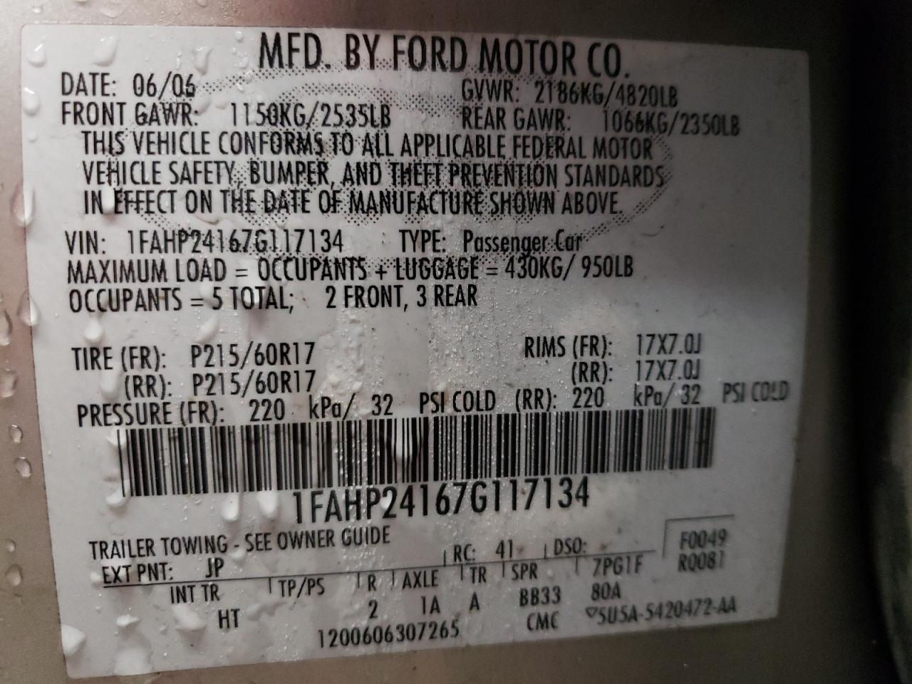 Photo 10 from auction – 2007 FORD FIVE HUNDR with VIN 1FAHP24167G117134