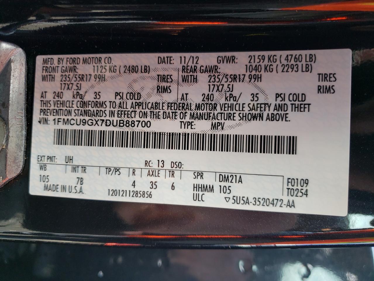 Photo 10 from auction – 2013 FORD ESCAPE SE with VIN 1FMCU9GX7DUB88700